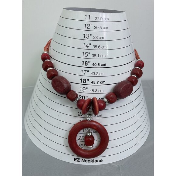 Chunky Red Wooden Bead Necklace With Adjustable Cord & Silver Accents - Picture 2 of 4